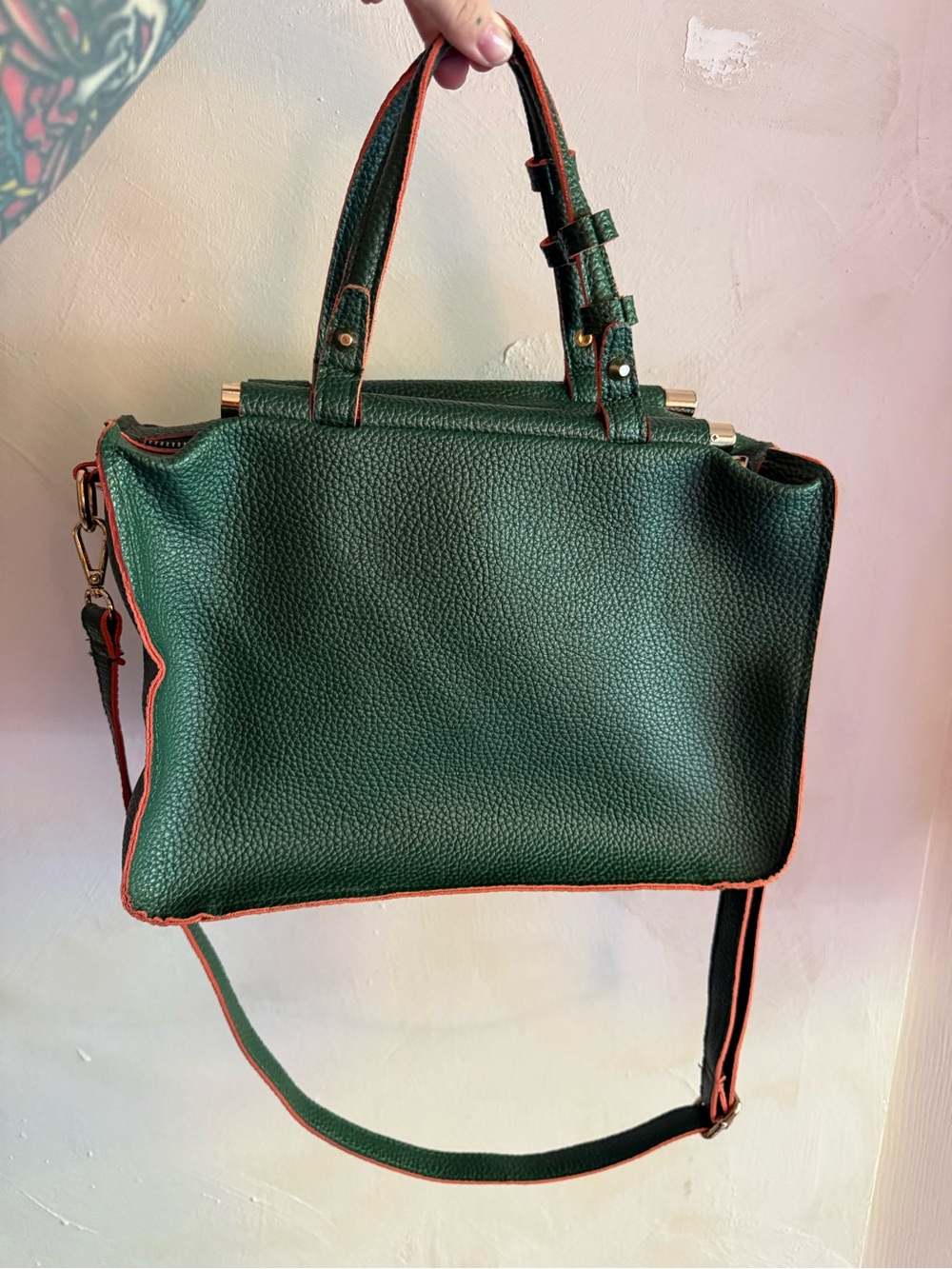 Green Vegan Leather Mellow World Tote Bag with Contrast Trim
